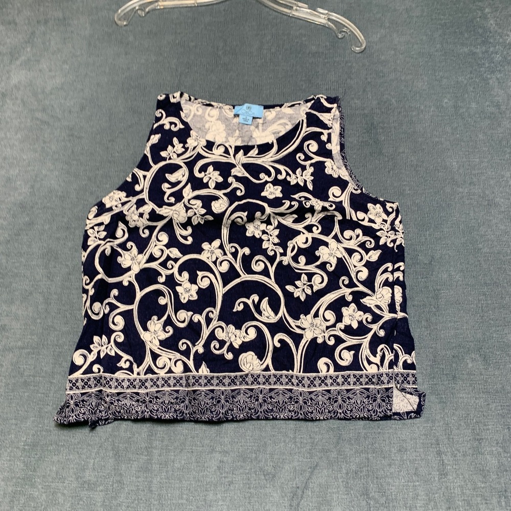 CeCe Tank Top Womens Small Navy White Swirl Floral Print Side Slit Round Neck